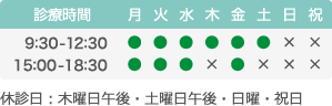 受付時間　9:00～12:00/16:00～18:00　女性医師診療　月・火・木・金曜午後　休診日　水曜日・日曜日・祝日